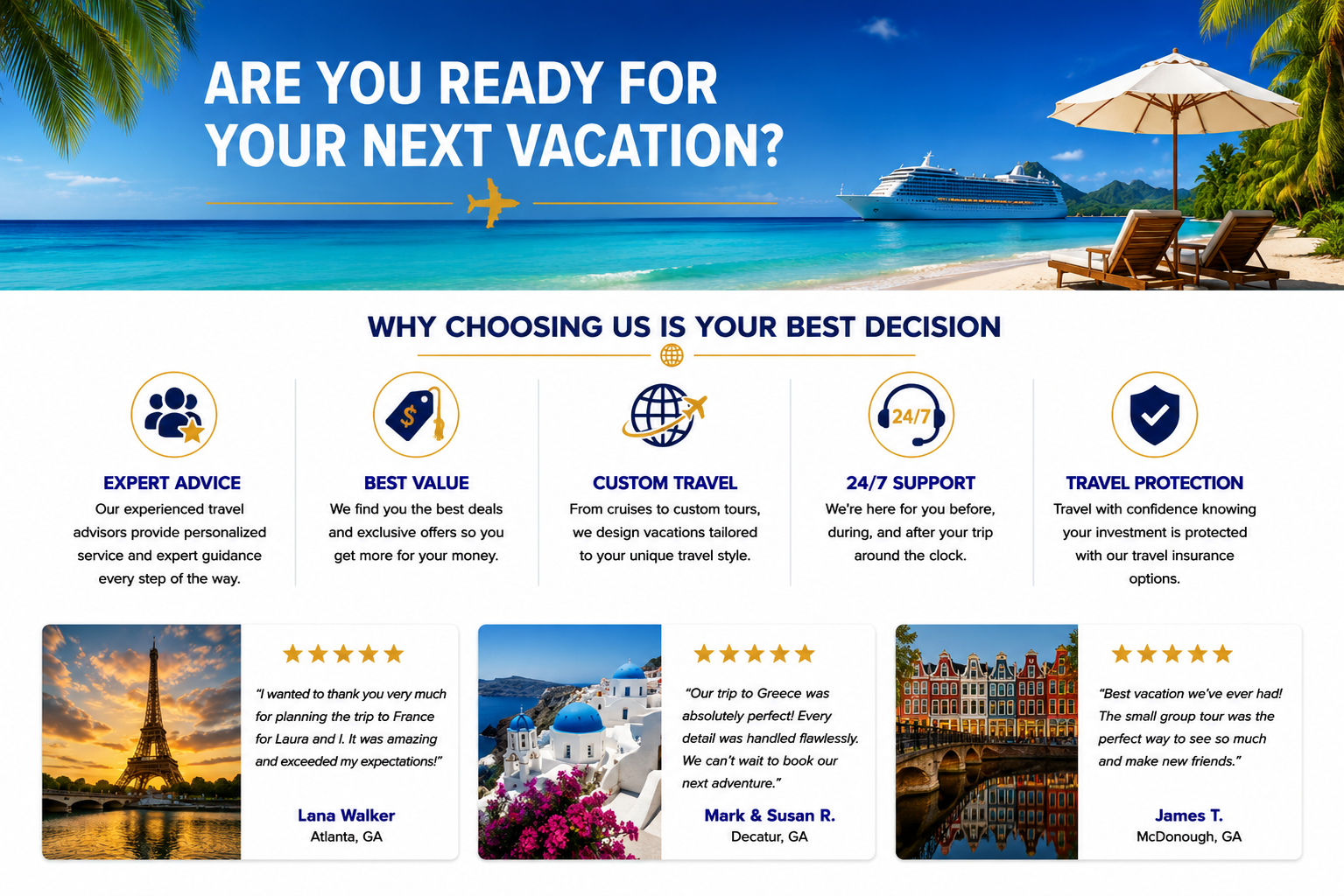 Over The Top Travel website graphic highlighting expert travel advice, best value, custom travel planning, 24/7 support, travel protection, and customer reviews against a tropical beach and cruise backdrop.